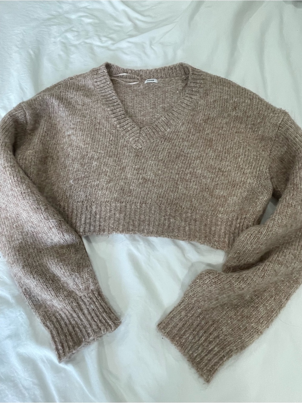 Garage Cropped V-Neck Cozy Sweater in Brown